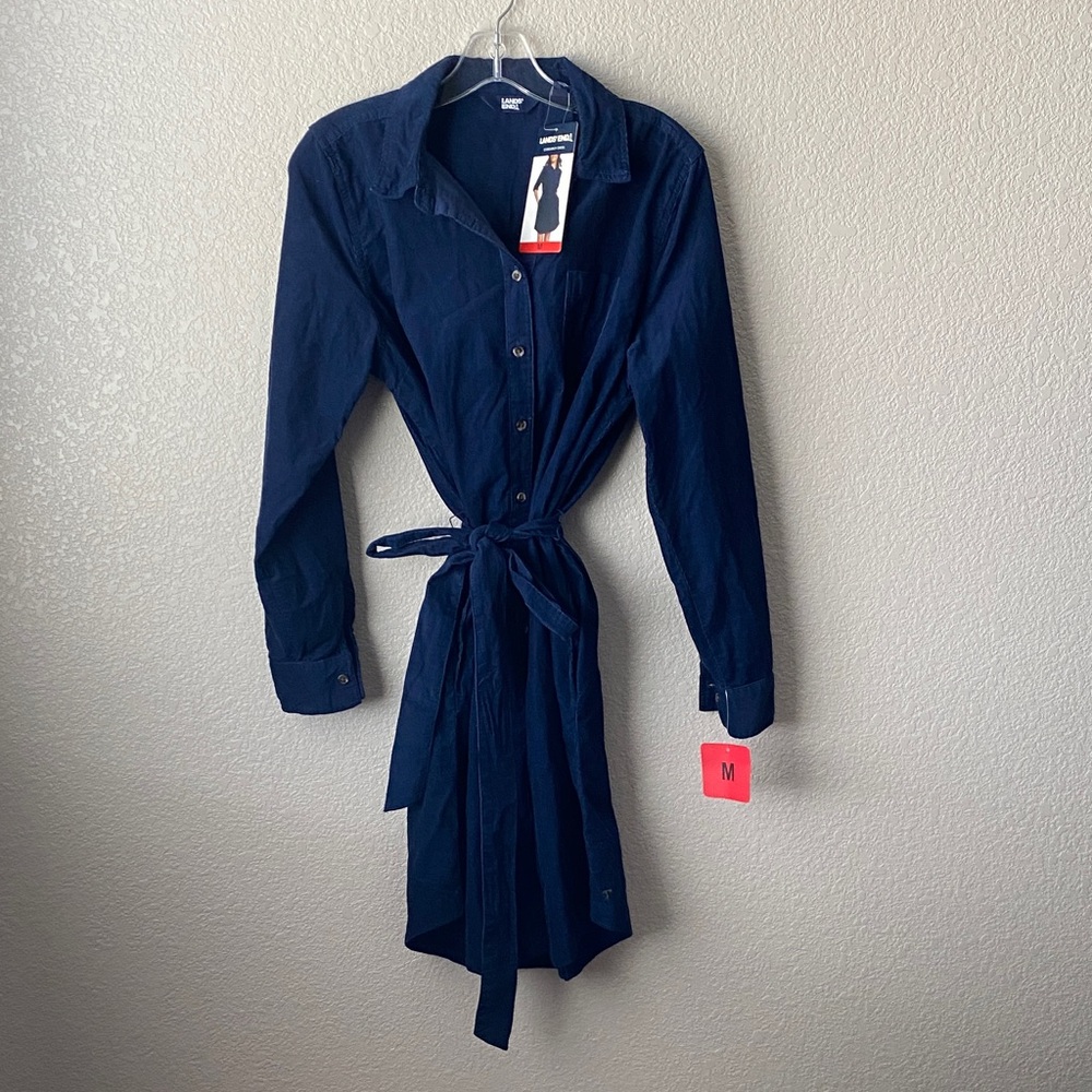 Lands' End Navy Blue Corduroy Shirt Dress  Belted Casual Fall Winter XL